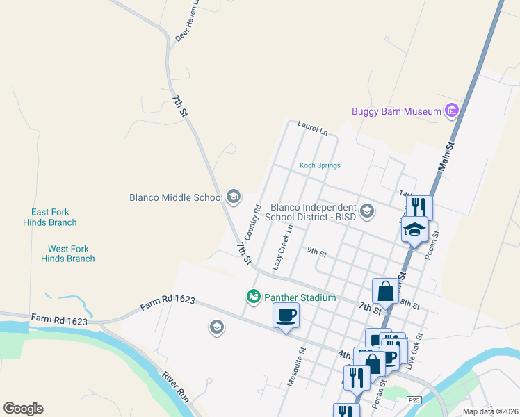 map of restaurants, bars, coffee shops, grocery stores, and more near 1022 Country Road in Blanco