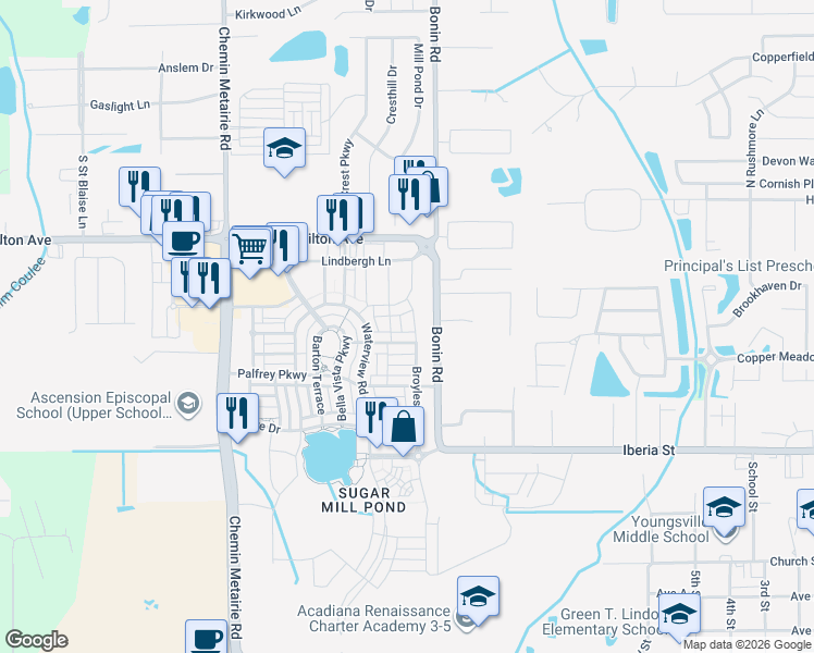 map of restaurants, bars, coffee shops, grocery stores, and more near 2642-2714 Bonin Road in Youngsville