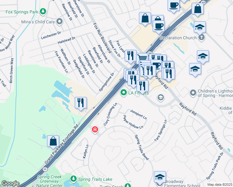 map of restaurants, bars, coffee shops, grocery stores, and more near Grand Parkway Frontage Road in Spring