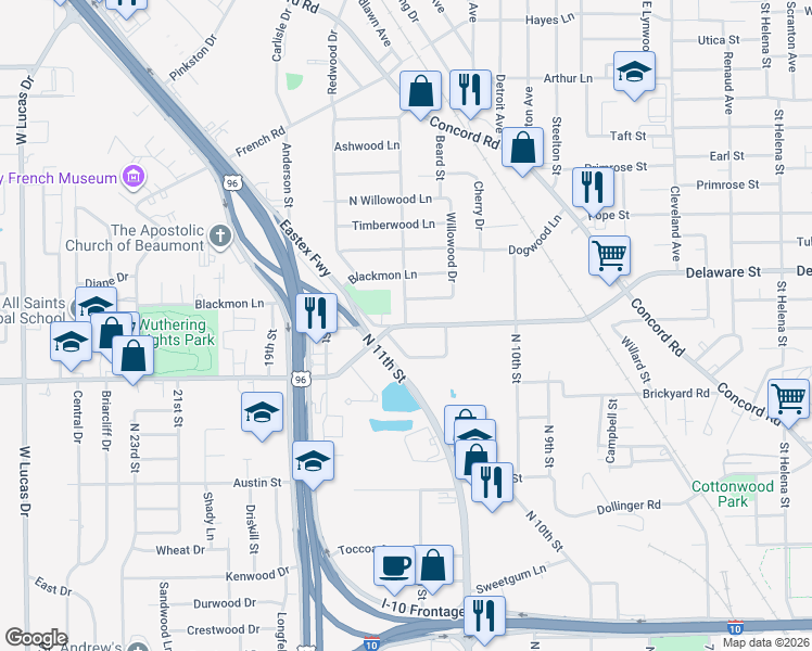 map of restaurants, bars, coffee shops, grocery stores, and more near 3000 Minglewood Drive in Beaumont