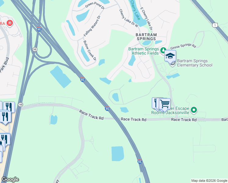 map of restaurants, bars, coffee shops, grocery stores, and more near 14876 Bartram Village Lane in Jacksonville