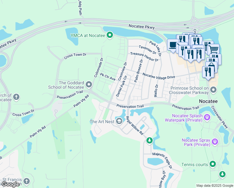 map of restaurants, bars, coffee shops, grocery stores, and more near 423 Daniel Park Circle in Nocatee