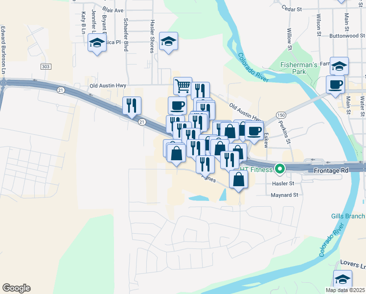 map of restaurants, bars, coffee shops, grocery stores, and more near 496 Texas 71 in Bastrop