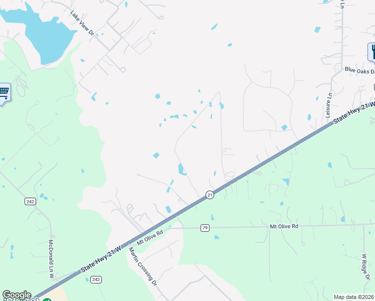 map of restaurants, bars, coffee shops, grocery stores, and more near State Highway 21 West in Cedar Creek