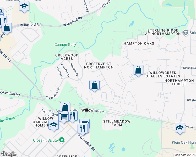 map of restaurants, bars, coffee shops, grocery stores, and more near 7419 Mustang Hill Lane in Spring