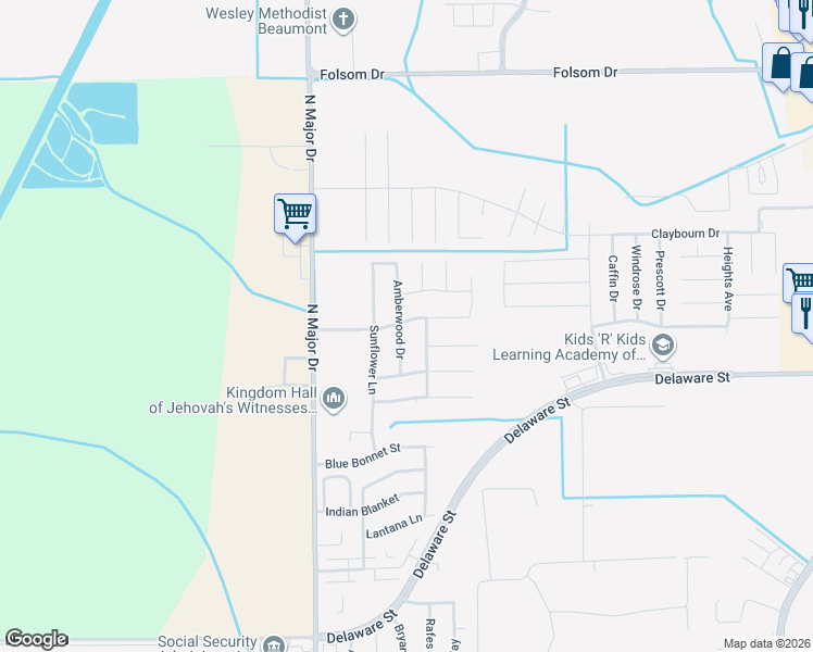 map of restaurants, bars, coffee shops, grocery stores, and more near 2535 Amberwood Drive in Beaumont