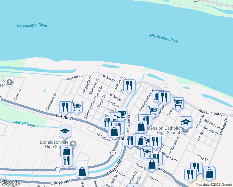 map of restaurants, bars, coffee shops, grocery stores, and more near 213 West 4th Street in Donaldsonville