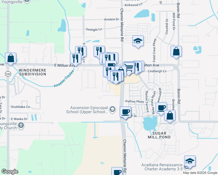 map of restaurants, bars, coffee shops, grocery stores, and more near 107 Centre Sarcelle Boulevard in Youngsville