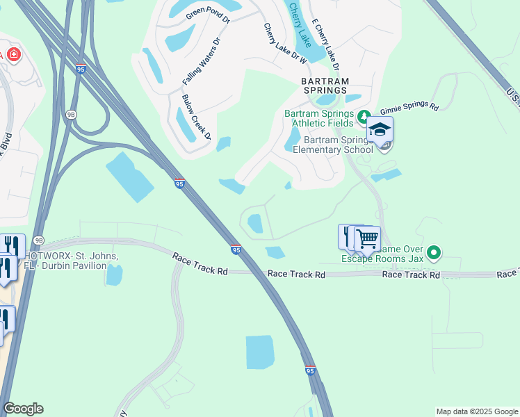 map of restaurants, bars, coffee shops, grocery stores, and more near 14876 Bartram Village Lane in Jacksonville