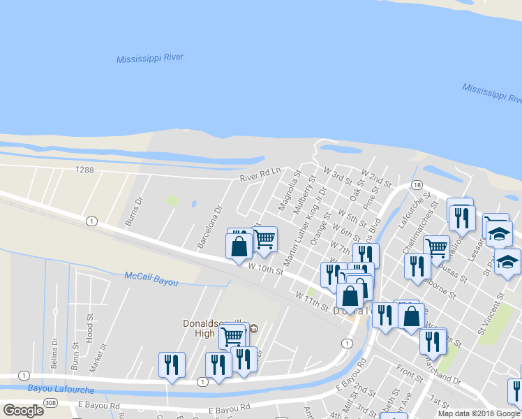 map of restaurants, bars, coffee shops, grocery stores, and more near 700 Catalpa Street in Donaldsonville