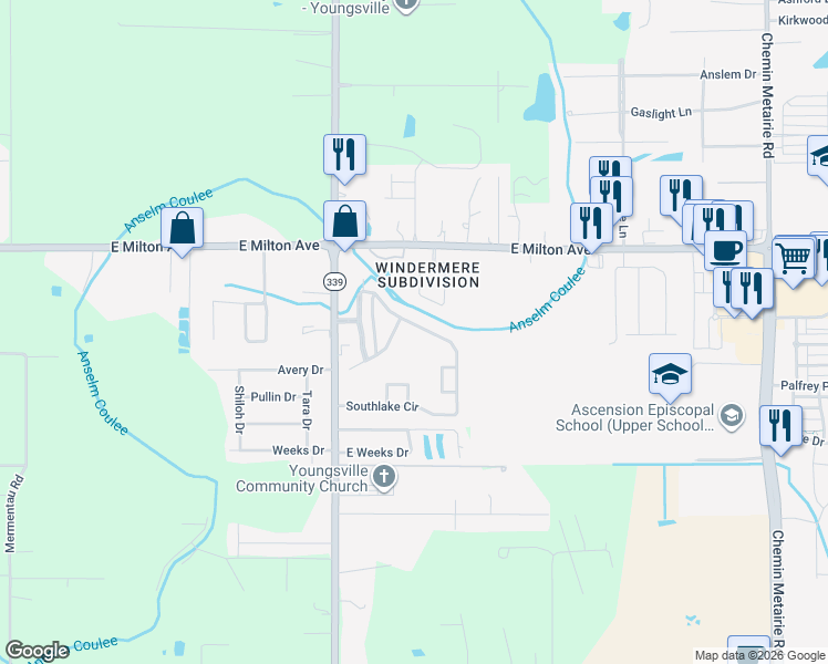 map of restaurants, bars, coffee shops, grocery stores, and more near 617 Southlake Cir in Youngsville