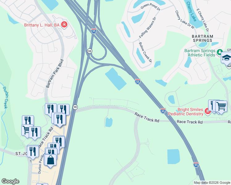 map of restaurants, bars, coffee shops, grocery stores, and more near 5345-5699 Race Track Road in Saint Johns
