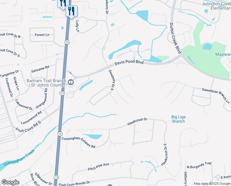 map of restaurants, bars, coffee shops, grocery stores, and more near 1108 Buckbean Branch Lane East in Jacksonville