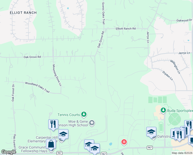 map of restaurants, bars, coffee shops, grocery stores, and more near 101 Oak Hollow Court in Buda