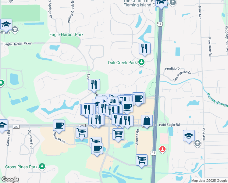 map of restaurants, bars, coffee shops, grocery stores, and more near 1865 Denmark Drive in Orange Park