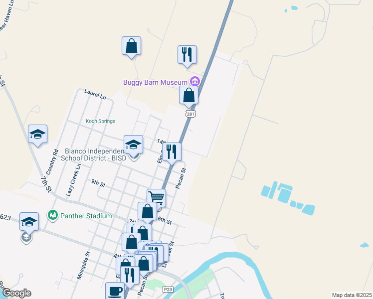 map of restaurants, bars, coffee shops, grocery stores, and more near 1402 Main Street in Blanco