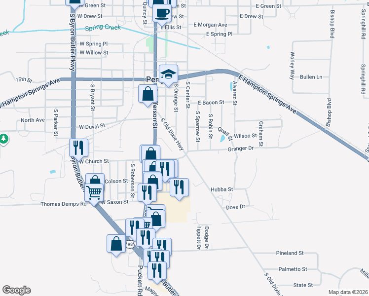 map of restaurants, bars, coffee shops, grocery stores, and more near 1315 South Center Street in Perry