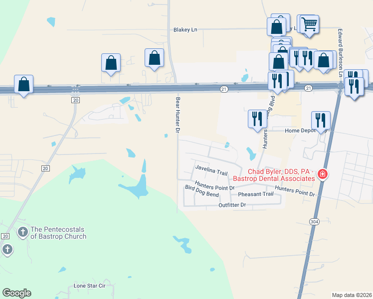 map of restaurants, bars, coffee shops, grocery stores, and more near 321 Wildcat Drive in Bastrop