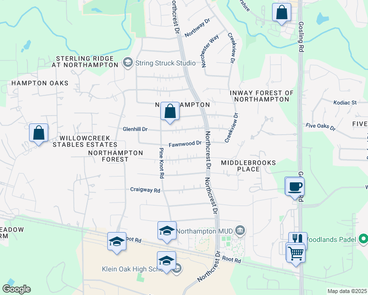 map of restaurants, bars, coffee shops, grocery stores, and more near 6227 Fawnwood Drive in Spring