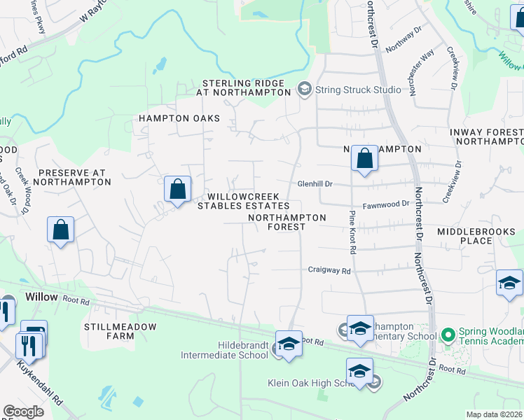 map of restaurants, bars, coffee shops, grocery stores, and more near 23310 Fox Run Street in Spring