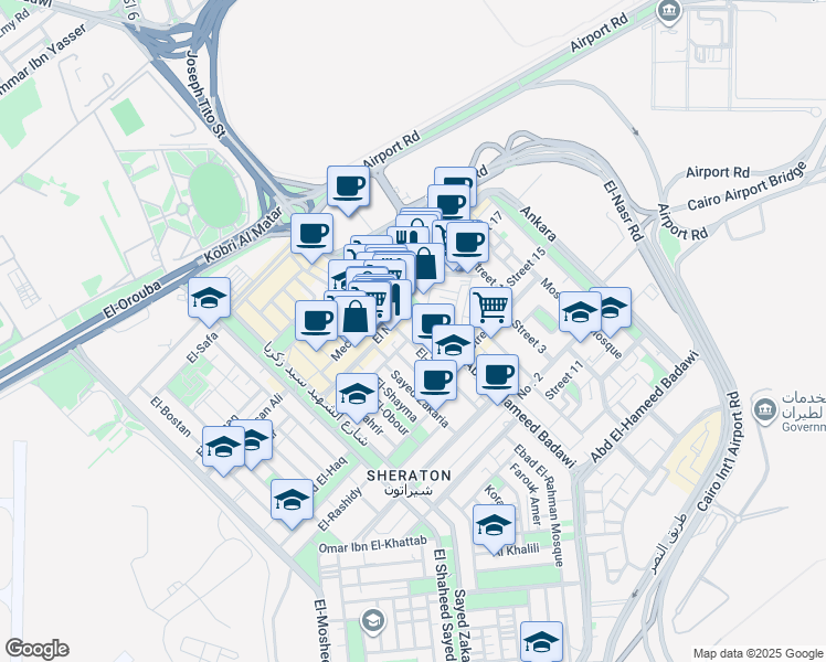map of restaurants, bars, coffee shops, grocery stores, and more near Abd El-Hameed Badawi in El Nozha