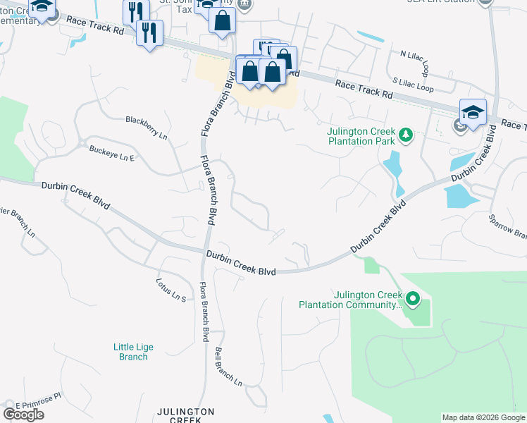 map of restaurants, bars, coffee shops, grocery stores, and more near 557 Redberry Lane in Jacksonville