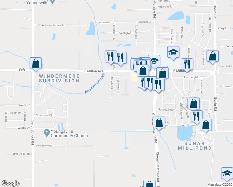 map of restaurants, bars, coffee shops, grocery stores, and more near 124 Cedar Hills Drive in Youngsville