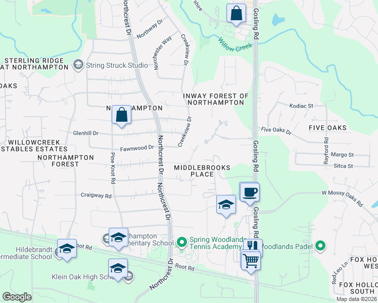 map of restaurants, bars, coffee shops, grocery stores, and more near 23511 Elmwood Court in Spring