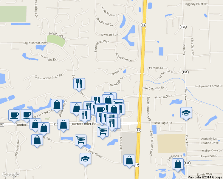 map of restaurants, bars, coffee shops, grocery stores, and more near 1739 Norwegian Court in Orange Park