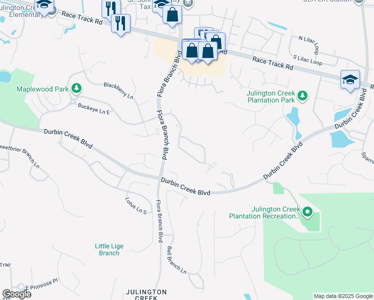 map of restaurants, bars, coffee shops, grocery stores, and more near 192 Hawthorn Hedge Lane in Jacksonville