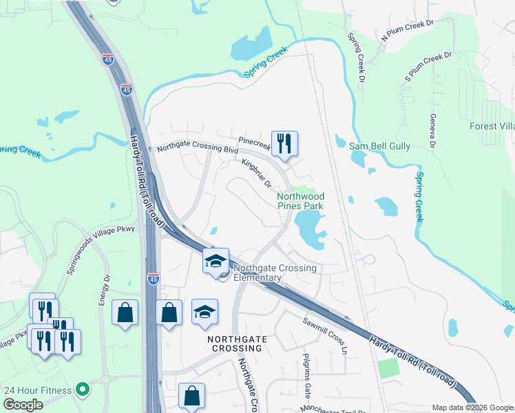 map of restaurants, bars, coffee shops, grocery stores, and more near 26325 Northgate Crossing Boulevard in Spring
