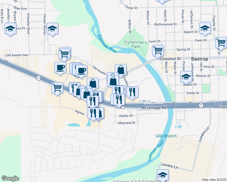 map of restaurants, bars, coffee shops, grocery stores, and more near 85 Texas 150 Loop in Bastrop