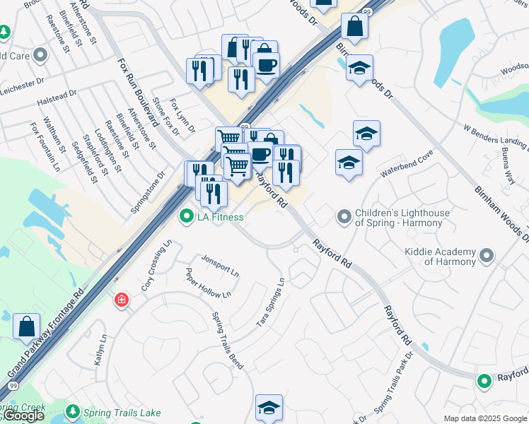 map of restaurants, bars, coffee shops, grocery stores, and more near 2625 Harmony Park Crossing in Spring