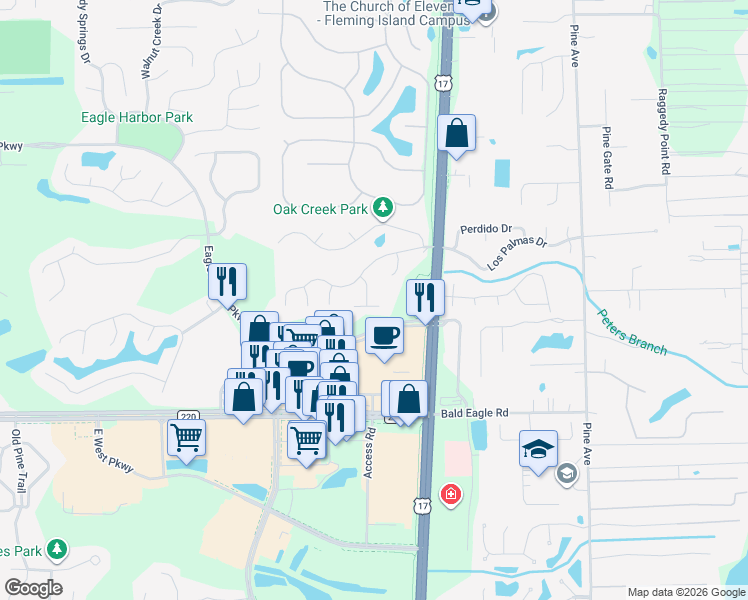 map of restaurants, bars, coffee shops, grocery stores, and more near 1737 Chalet Street in Orange Park