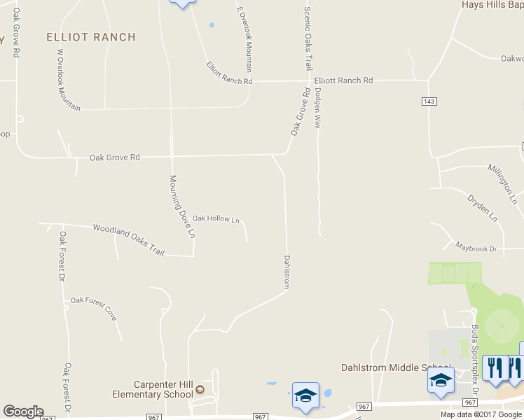 map of restaurants, bars, coffee shops, grocery stores, and more near 101 Oak Hollow Court in Buda