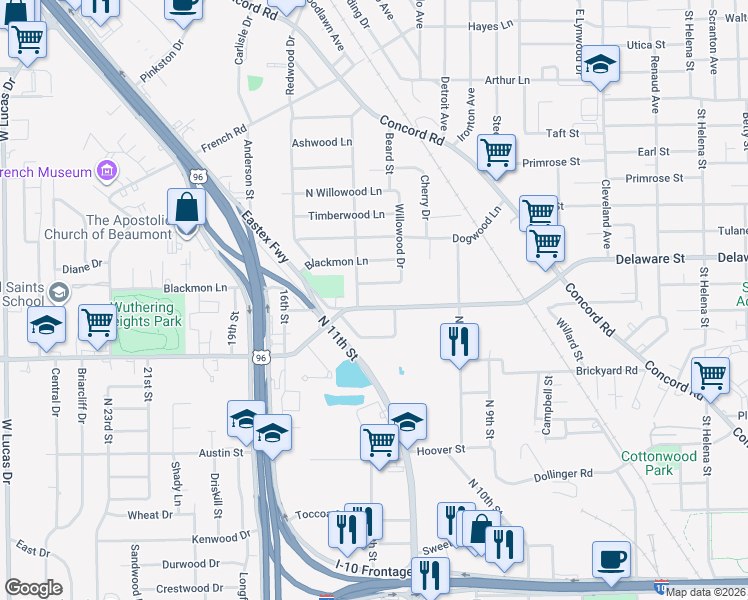 map of restaurants, bars, coffee shops, grocery stores, and more near 3000-3020 Minglewood Dr in Beaumont