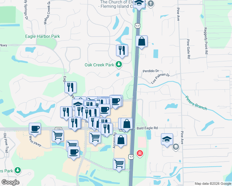 map of restaurants, bars, coffee shops, grocery stores, and more near 1737 Chalet Street in Orange Park