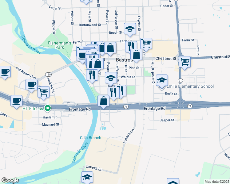 map of restaurants, bars, coffee shops, grocery stores, and more near 603 Pecan Street in Bastrop
