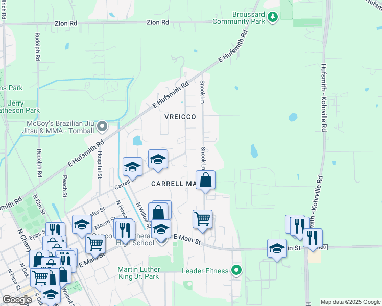 map of restaurants, bars, coffee shops, grocery stores, and more near 1006 Cedar Post Court in Tomball