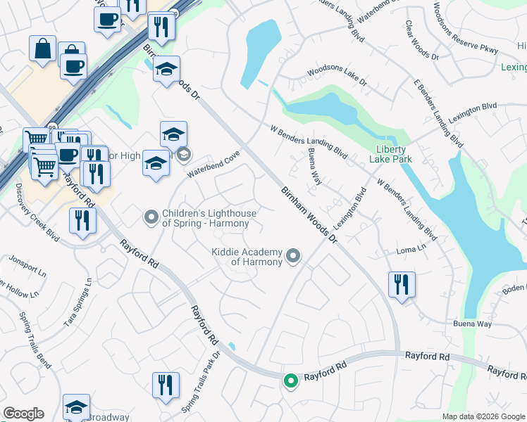 map of restaurants, bars, coffee shops, grocery stores, and more near 28271 Calaveras Lake Drive in Spring