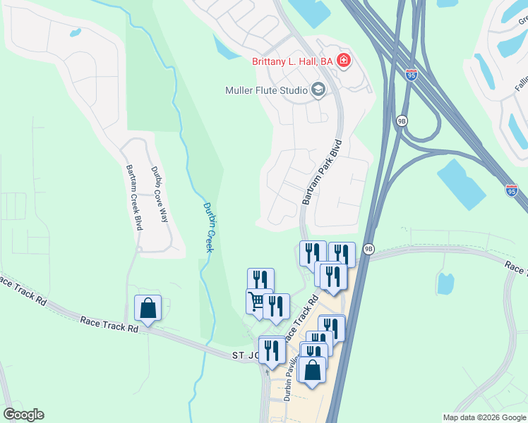 map of restaurants, bars, coffee shops, grocery stores, and more near 14971 Rain Lily Street in Jacksonville