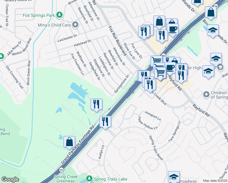 map of restaurants, bars, coffee shops, grocery stores, and more near 28703 Stapleford Street in Spring