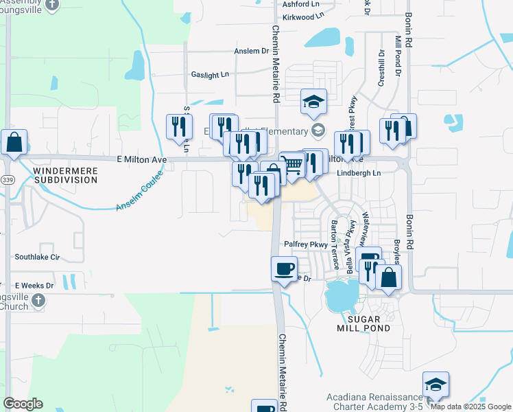 map of restaurants, bars, coffee shops, grocery stores, and more near 107 Centre Sarcelle Boulevard in Youngsville