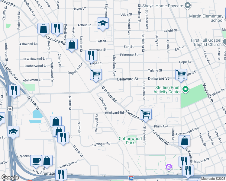 map of restaurants, bars, coffee shops, grocery stores, and more near 2340 Beatrice Street in Beaumont