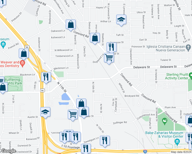 map of restaurants, bars, coffee shops, grocery stores, and more near 2790 Delaware Street in Beaumont