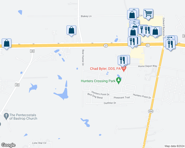 map of restaurants, bars, coffee shops, grocery stores, and more near 310 Pack Horse Drive in Bastrop