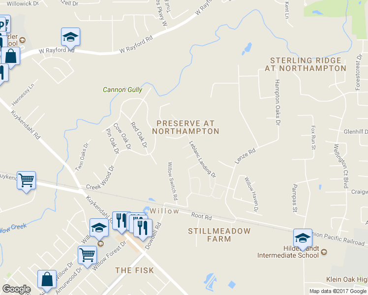 map of restaurants, bars, coffee shops, grocery stores, and more near 7419 Mustang Hill Lane in Spring