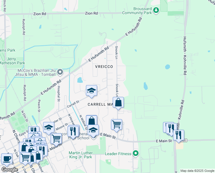 map of restaurants, bars, coffee shops, grocery stores, and more near 1006 Cedar Post Court in Tomball