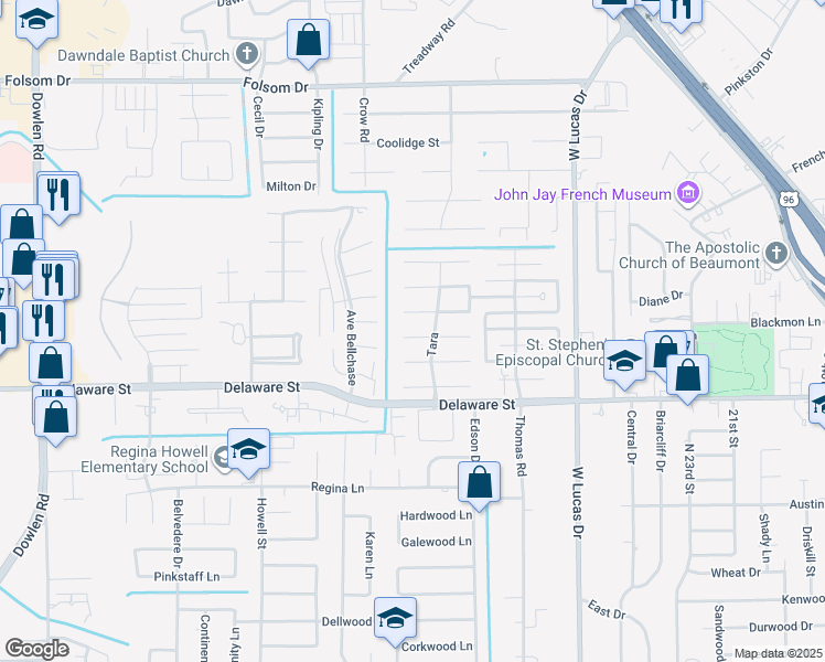 map of restaurants, bars, coffee shops, grocery stores, and more near 4750 Dunleith Street in Beaumont