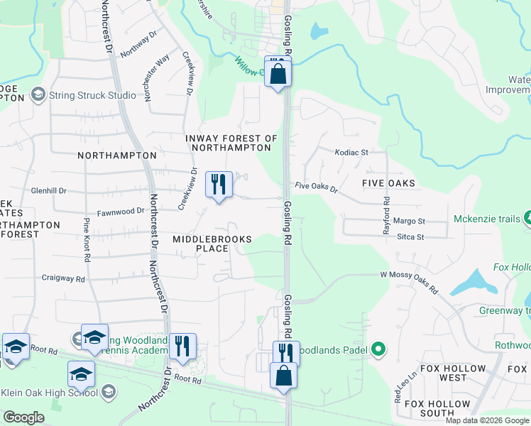 map of restaurants, bars, coffee shops, grocery stores, and more near 23529 Gosling Road in Spring